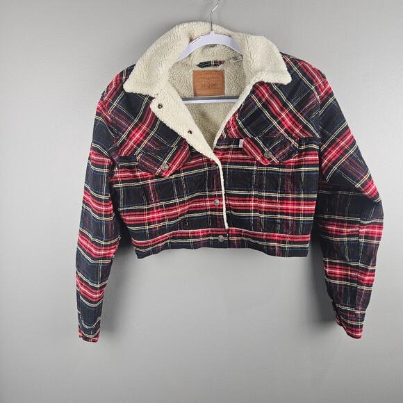 Levi's Premium Ex-boyfriend Sherpa Trucker Jacket in Plaid Size XS - Picture 1 of 6